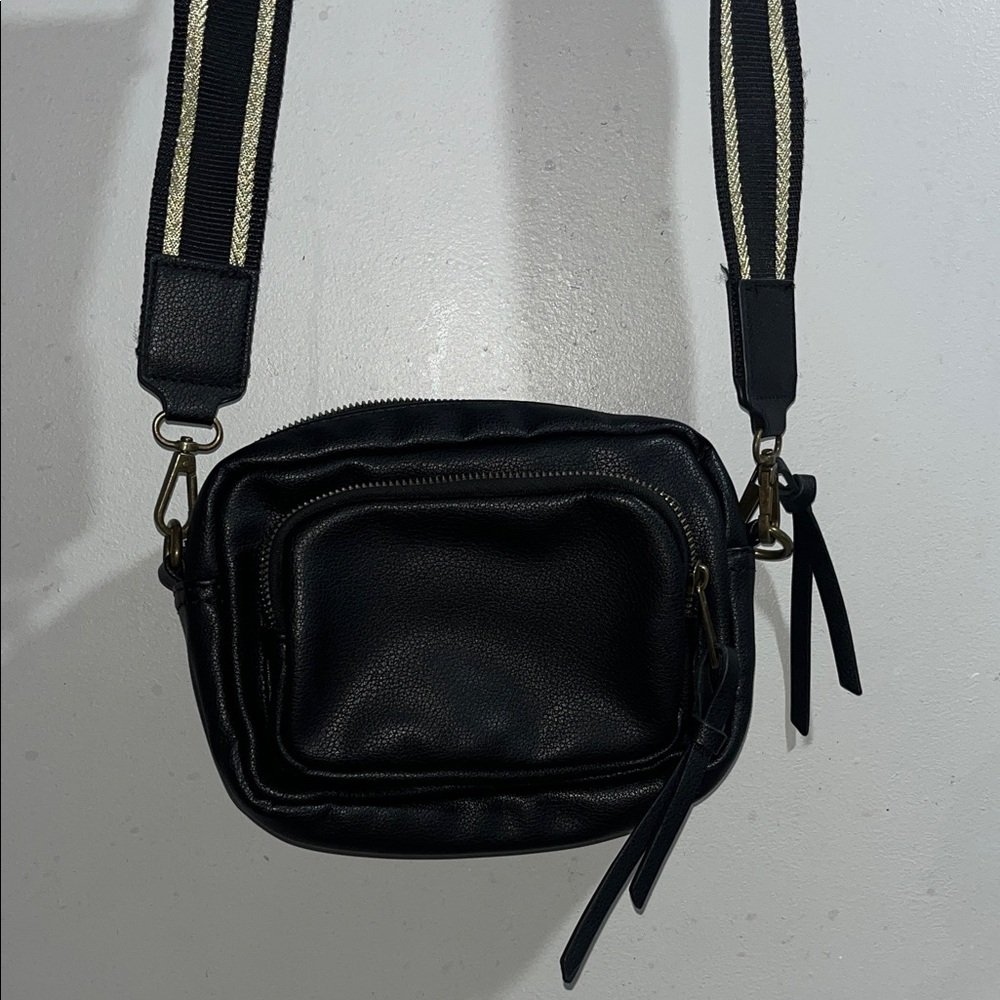 Elegant Black Crossbody Bag with Striped Strap EUC